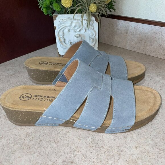 White Mountain Footbeds Womens Blue Suede Slide Sandals With Cork Wedge Sole Siz - Picture 4 of 8